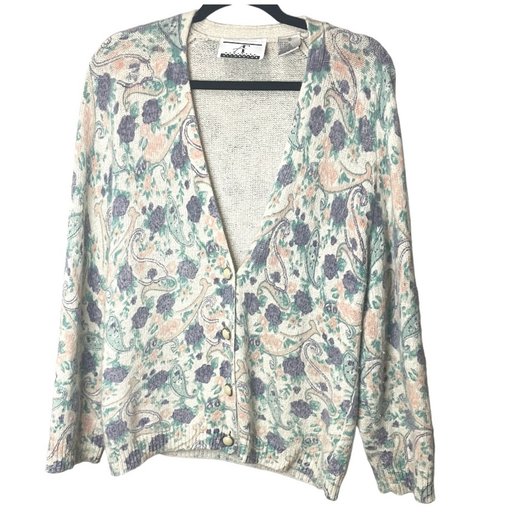 Acordeón Vintage Cardigan Silk Angora Cream Paisley Decorative Buttons SZ S EUC